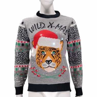 Originele dames foute kersttrui wild x mas lichtjes carnavalskleding