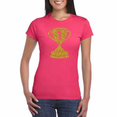 Originele gouden kampioens beker / nummer t shirt / carnavalskleding roze dames