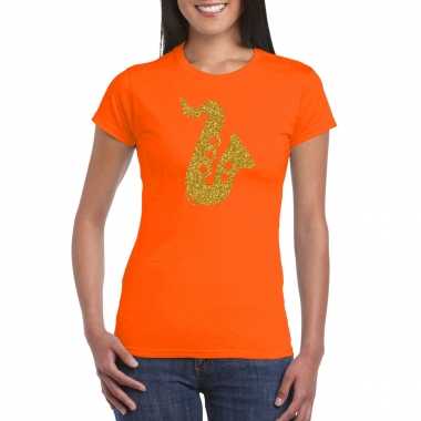 Originele gouden saxofoon / muziek t shirt / carnavalskleding oranje dames
