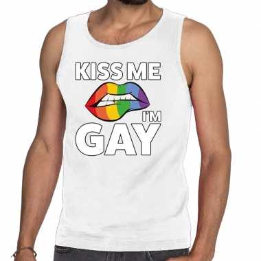 Originele kiss me i am gay tanktop / mouwloos shirt wit heren carnava