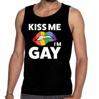 Originele kiss me i am gay tanktop / mouwloos shirt zwart heren carna