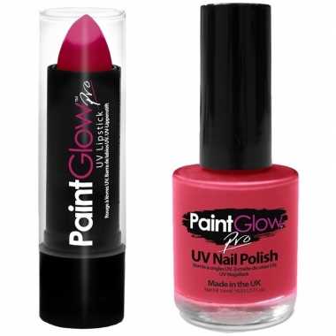 Originele neon roze uv lippenstift/lipstick nagellak schmink set carn