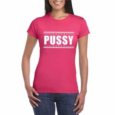 Originele pussy t shirt fuscia roze dames carnavalskleding