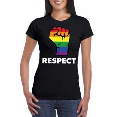 Originele respect lgbt shirt regenboog vuist zwart dames carnavalskle