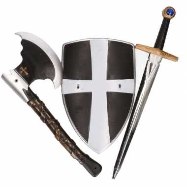 Originele ridder verkleed speelgoed wapenset zwart/wit carnavalskleding