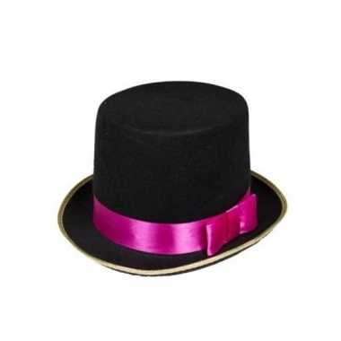 Originele zwarte hoge hoed roze rand heren carnavalskleding