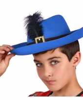 Originele blauwe musketier verkleed hoed kinderen carnavalskleding