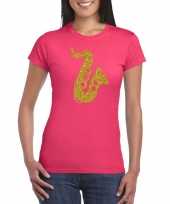 Originele gouden saxofoon muziek t shirt carnavalskleding roze dames