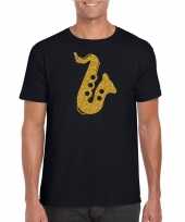 Originele gouden saxofoon muziek t shirt carnavalskleding zwart heren