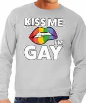 Originele kiss me i am gay sweater shirt grijs heren carnavalskleding