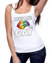 Originele kiss me i am gay tanktop mouwloos shirt wit dames carnavalskleding