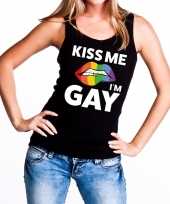 Originele kiss me i am gay tanktop mouwloos shirt zwart dames carnavalskleding
