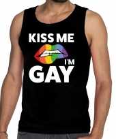 Originele kiss me i am gay tanktop mouwloos shirt zwart heren carnavalskleding