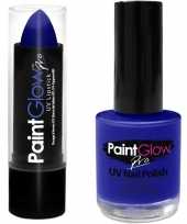 Originele neon blauwe uv lippenstift lipstick nagellak schmink set carnavalskleding