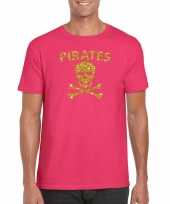 Originele piraten shirt foute party verkleed carnavalskleding carnavalskleding goud glitter roze heren