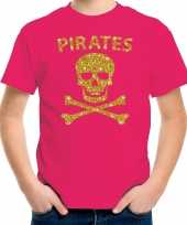 Originele piraten shirt verkleed shirt goud glitter roze kinderen carnavalskleding