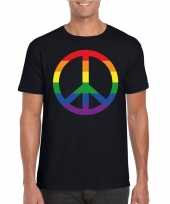 Originele regenboog peace teken shirt zwart heren carnavalskleding
