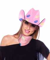 Originele roze kartonnen cowboyhoed lippen kusjes dames carnavalskleding