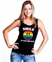 Originele smile if you are gay emoticon tanktop singlet shirt zwart dames carnavalskleding