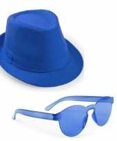 Originele toppers blauw trilby party hoedje blauwe zonnebril carnavalskleding