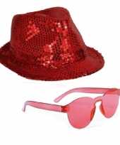 Originele toppers rood trilby glitter party hoedje rode zonnebril carnavalskleding