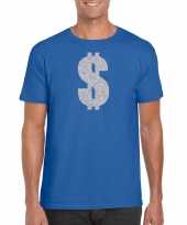 Originele zilveren dollar gangster verkleed t shirt carnavalskleding blauw heren